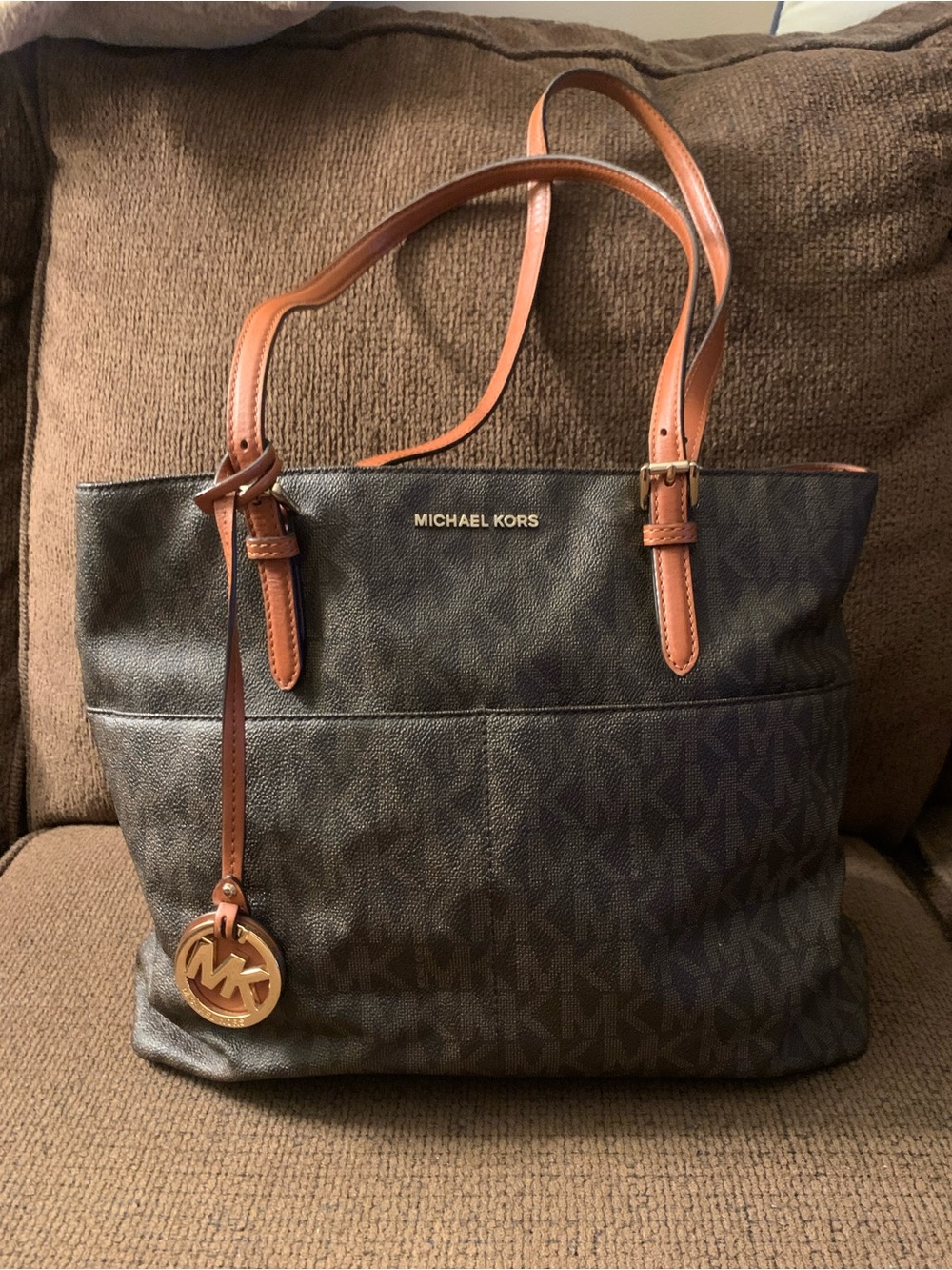 Michael Kors Brown Monogram Tote with Tan Straps
